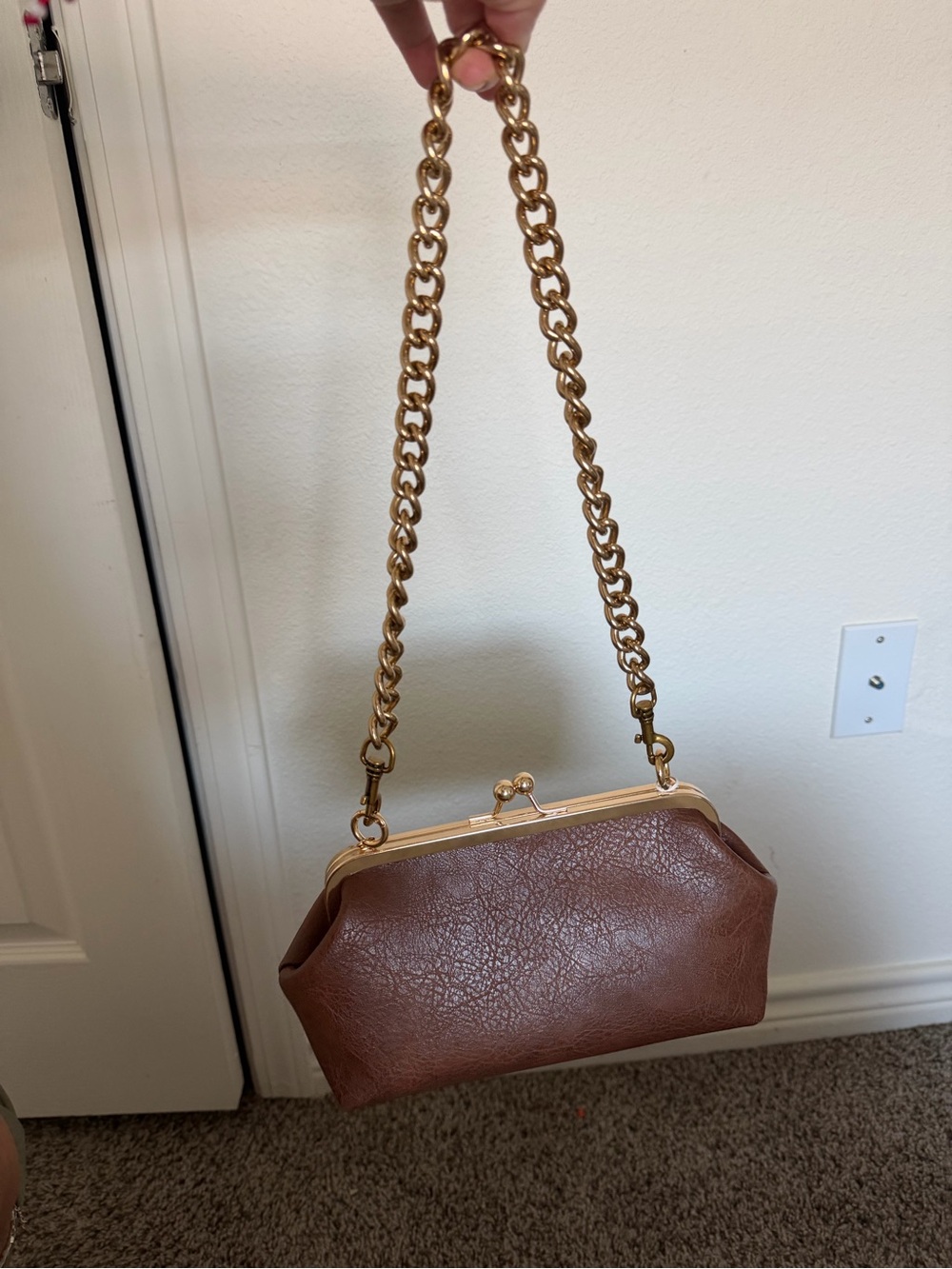 Classic Brown Frame Clutch with Gold Chain Handle